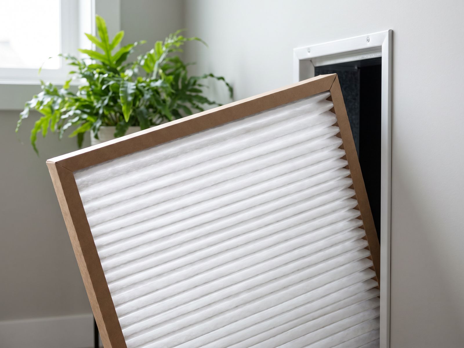 A clean new pleated air filter beside an open return-air duct in a bright room with houseplants.