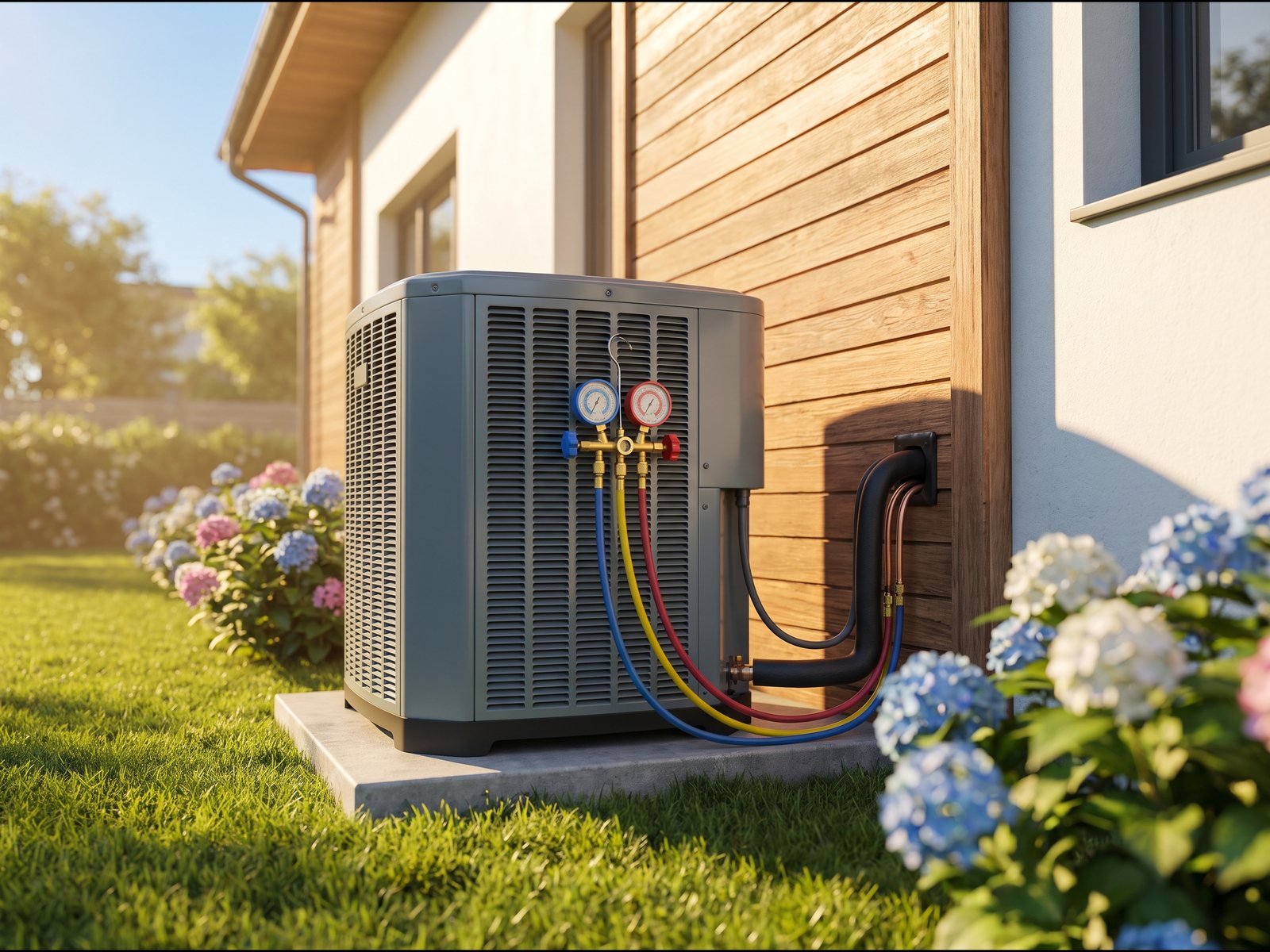 A central air conditioning condenser beside a cedar-sided home on a sunny summer day, with refrigerant gauges connected for a service check.