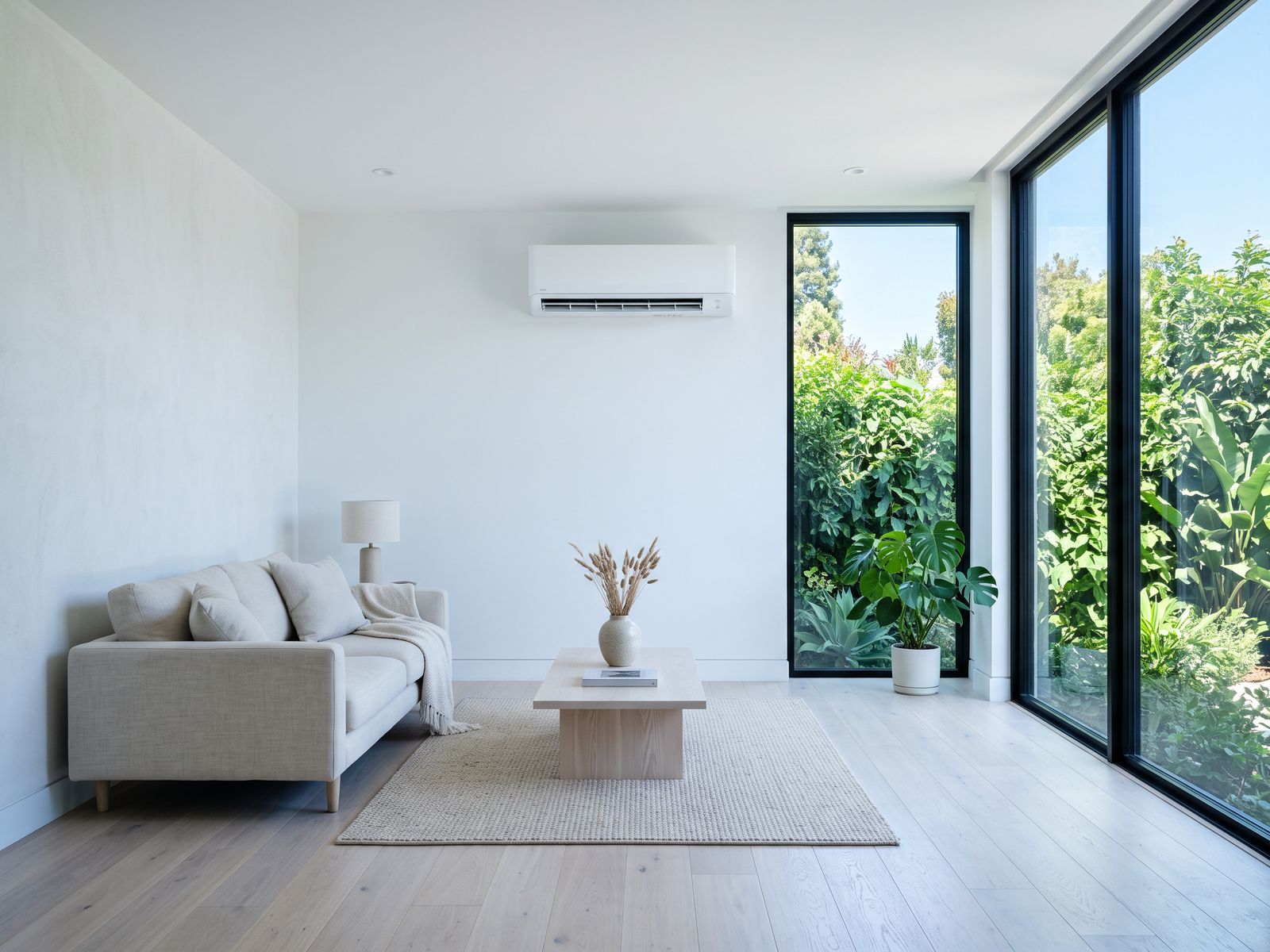A bright living room on a hot summer day, cool and calm inside.