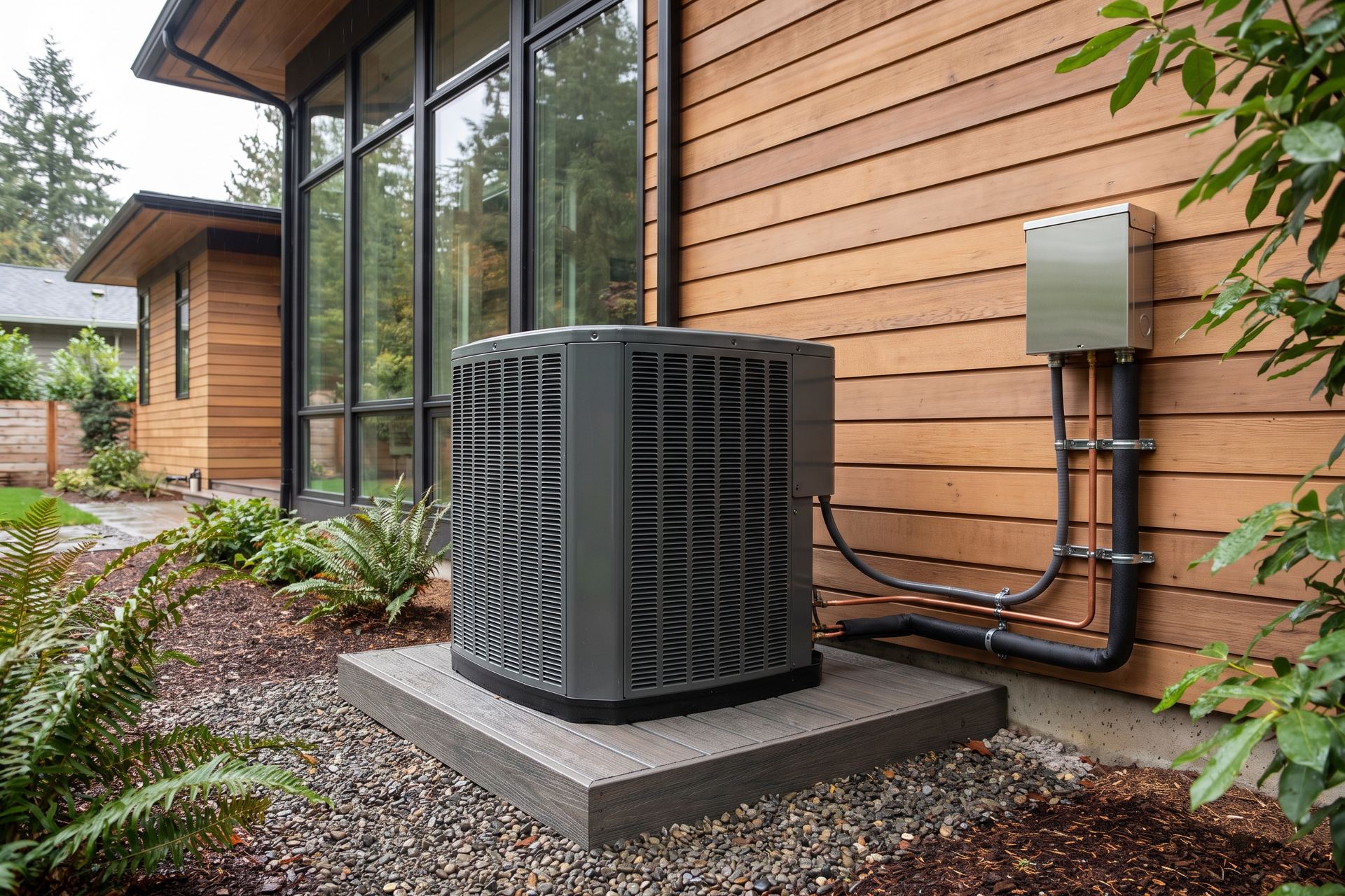 A newly installed high-efficiency heat pump condenser beside a modern home, with a neatly routed insulated line set.