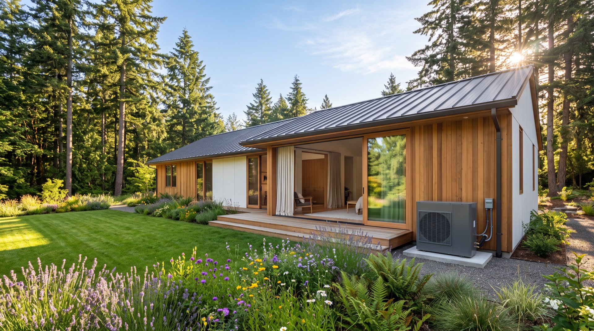 A modern cedar-and-white Pacific Northwest home on a golden summer morning, glass doors open to the interior, a heat pump unit beside the house, lavender and wildflowers along a green lawn framed by Douglas firs.