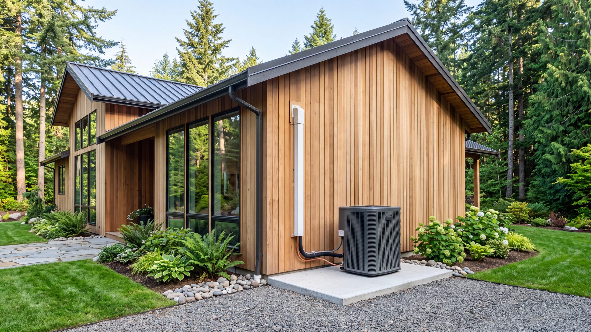 A modern cedar-clad Pacific Northwest home with a newly installed heat pump condenser on a tidy pad at the side.