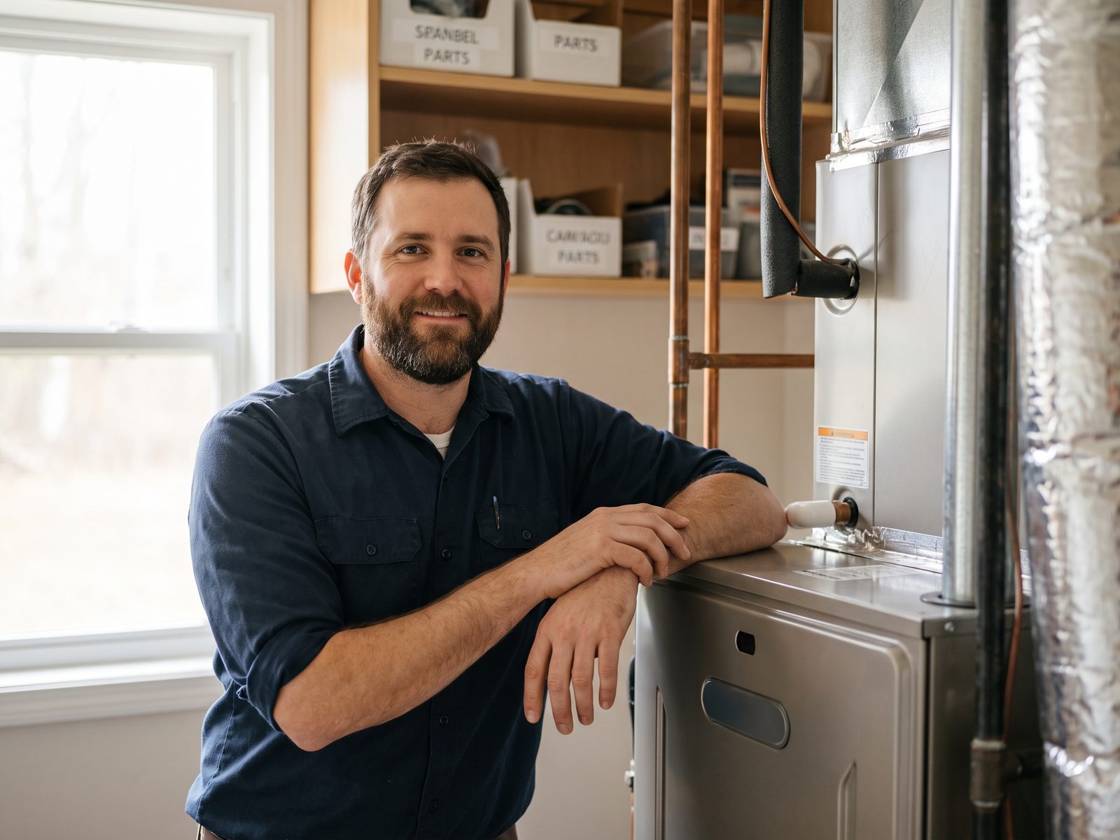 A 777 HVAC technician standing beside a newly installed high-efficiency furnace in a clean utility room.
