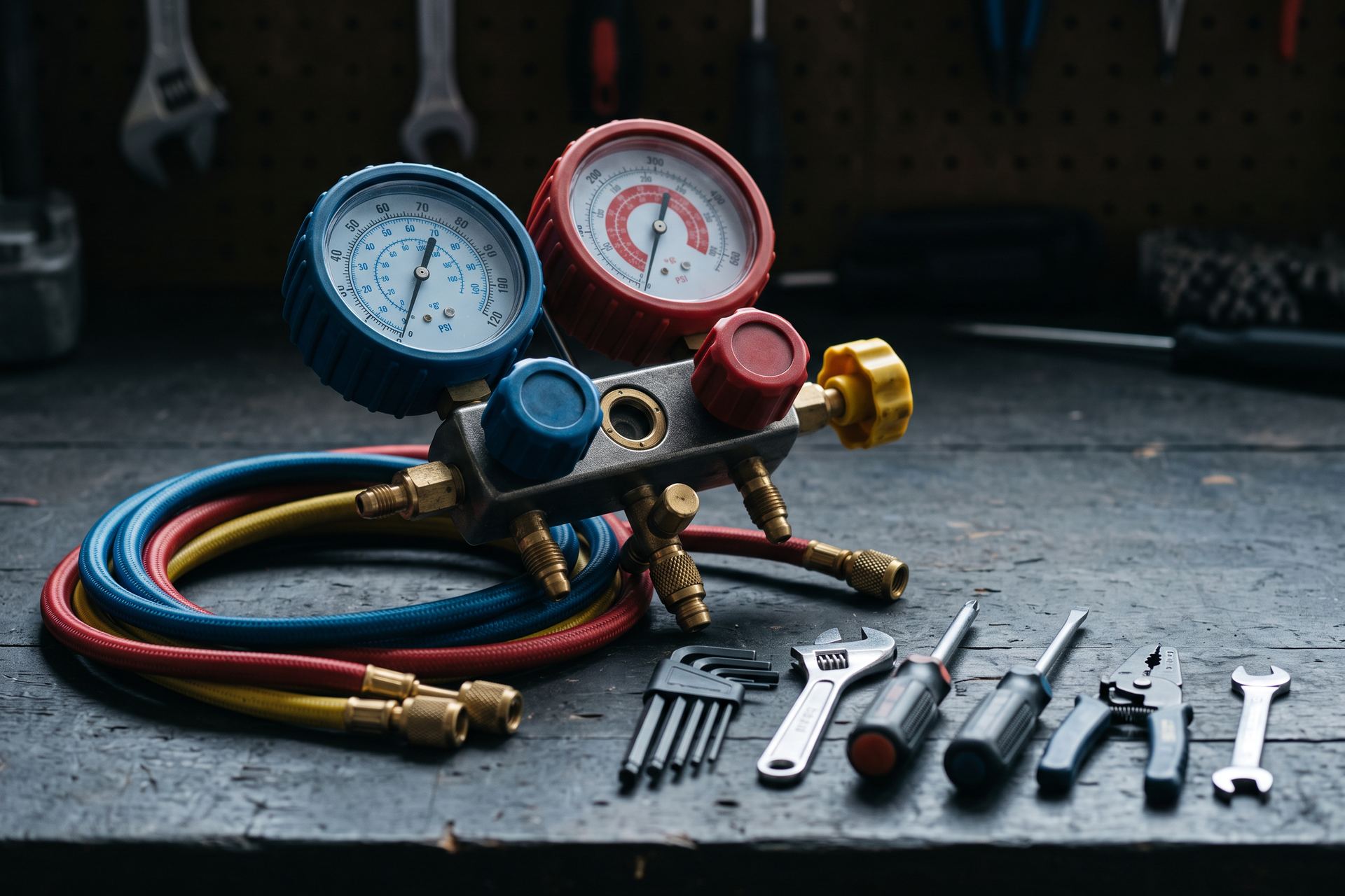 A refrigerant gauge manifold and hand tools laid out in neat order on a workbench.
