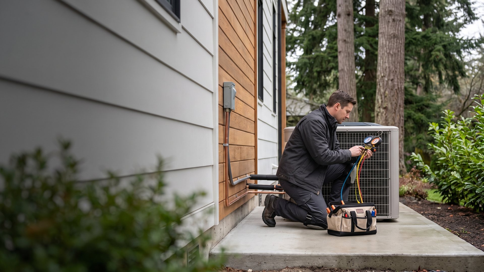 An HVAC technician kneels beside an outdoor heat pump at a modern Pacific Northwest home, checking it with a refrigerant gauge set.