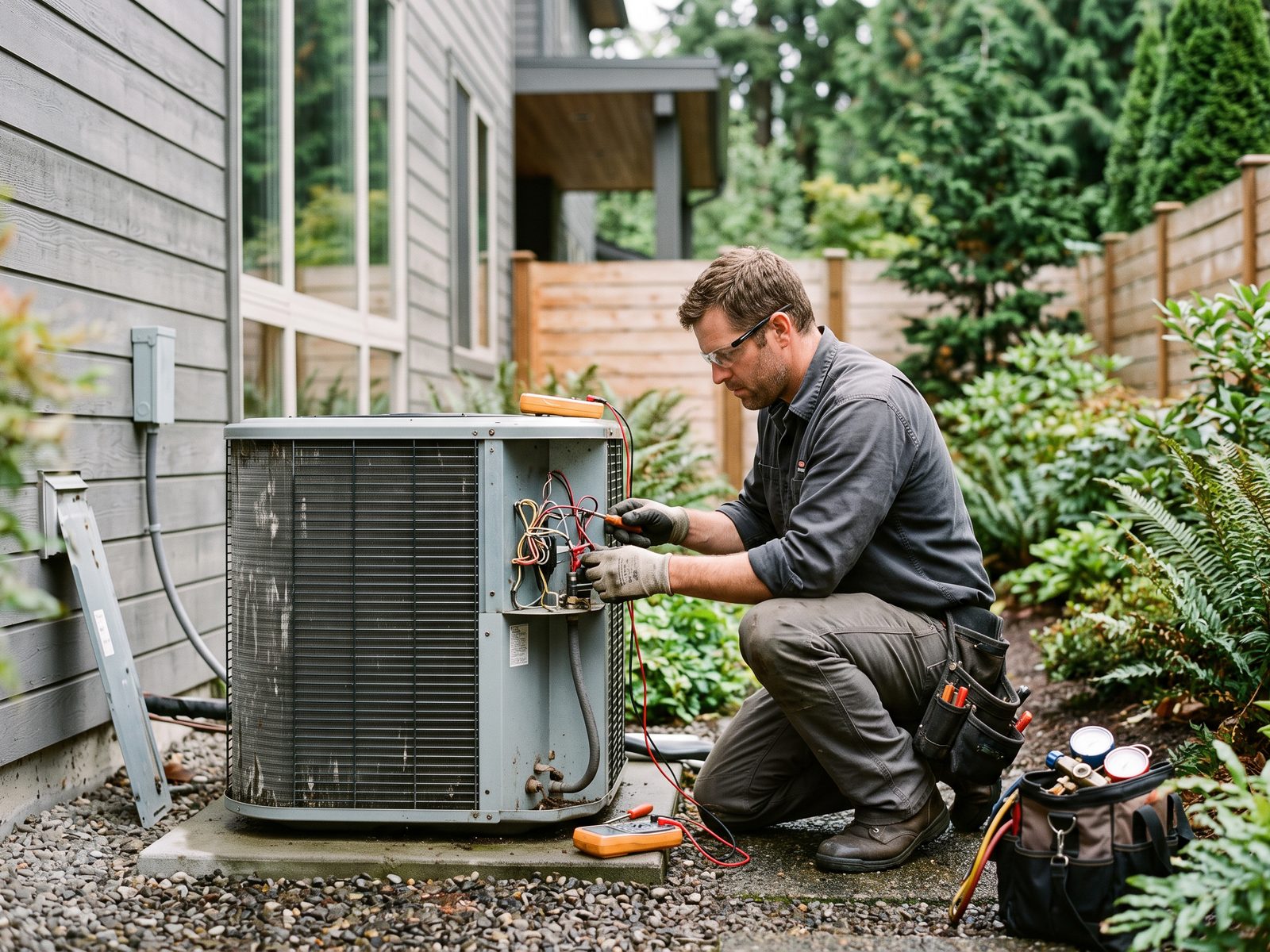 A 777 HVAC technician servicing a heat pump condenser unit outside a home, meter in hand.